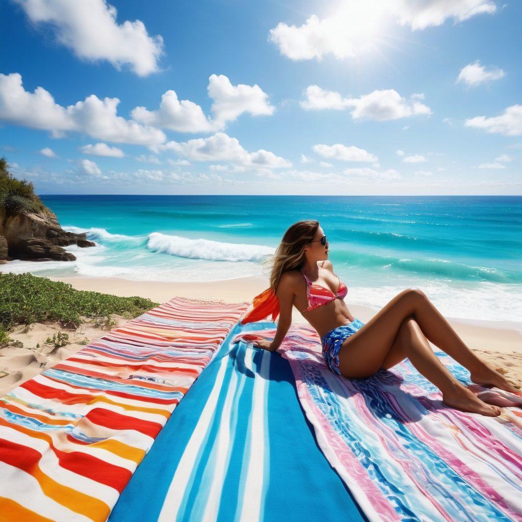 A vibrant beach scene with colorful bikinis displayed on a sandy shore, showcasing diverse styles and patterns. Include sunbathers lounging on towels, surfboards by the water, and a bright blue sky with fluffy clouds. Infuse elements of fun and relaxation, capturing the essence of summer fashion trends. Art style: super-realistic. vibrant colors. 3D.