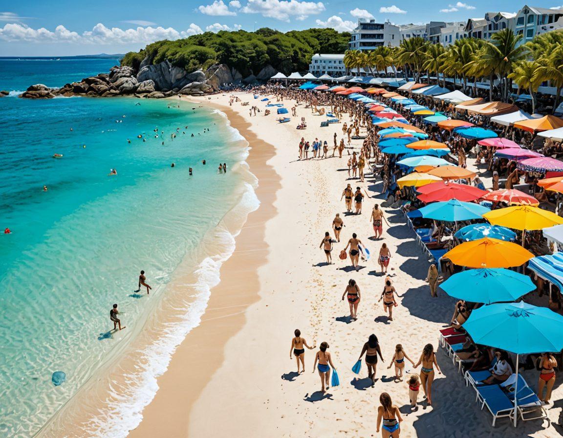 A vibrant beach scene showcasing diverse individuals in stylish swimwear, browsing through colorful local marketplace stalls filled with affordable swimwear options. The backdrop features a sunny sky and clear turquoise water, enhancing the lively atmosphere. Include elements like price tags and discounts prominently displayed at the stalls to emphasize deals. super-realistic. bright colors. lively atmosphere.